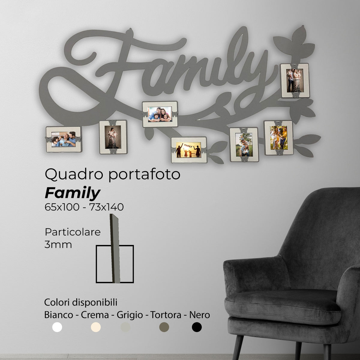 Quadro Famiglia + Frase 7 portafoto 140X73